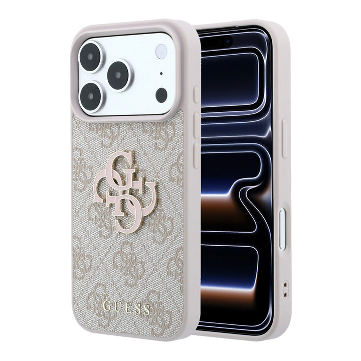 Lichtgekleurd Guess telefoonhoesje met 4G-patroon en groot logo, voor- en achterkant op een telefoon