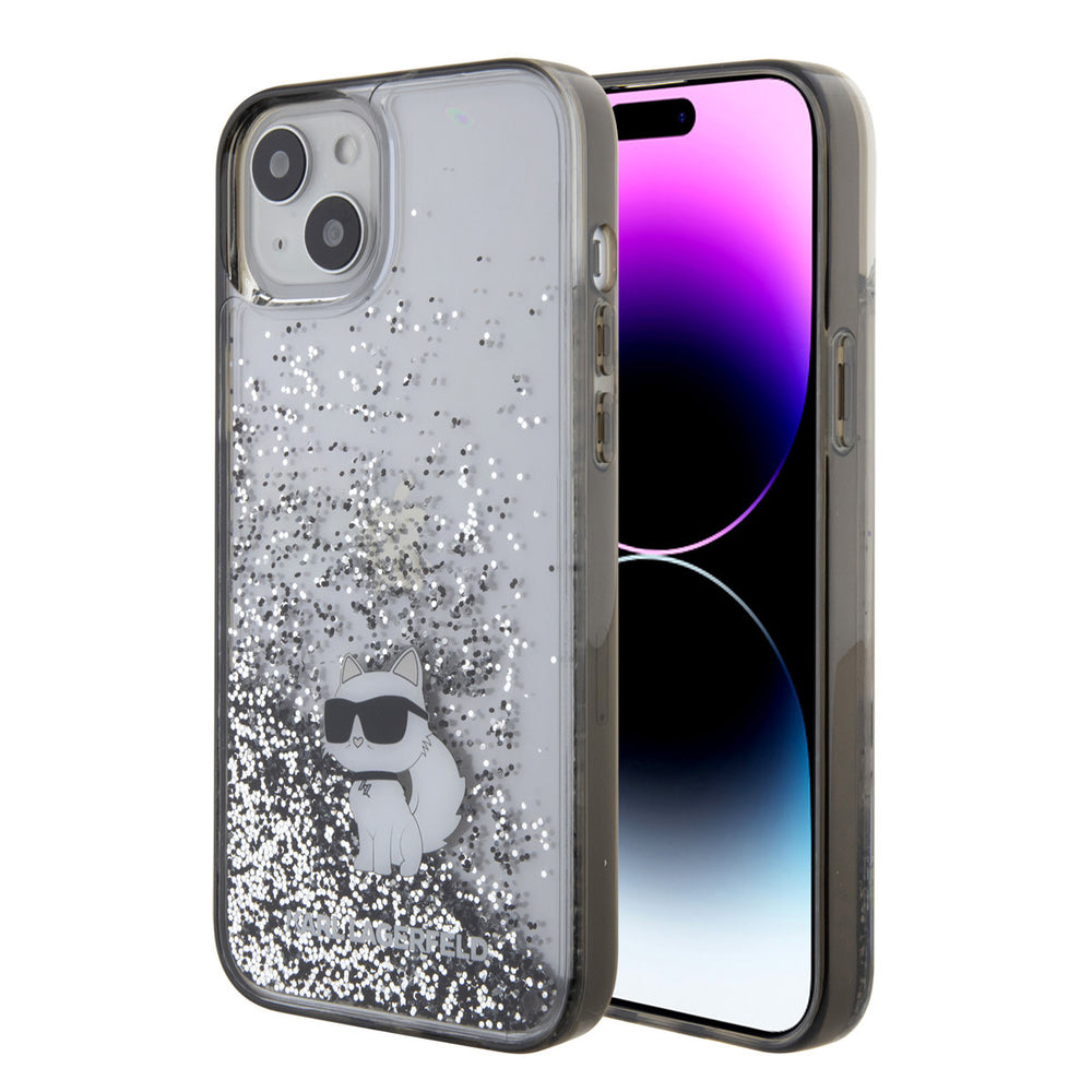 Transparant Karl Lagerfeld telefoonhoesje met zilverkleurige glitters en Choupette-kat, voor- en achterkant op een telefoon