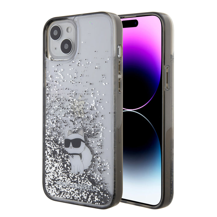 Transparant Karl Lagerfeld telefoonhoesje met zilverkleurige glitters en Choupette-kat, voor- en achterkant op een telefoon