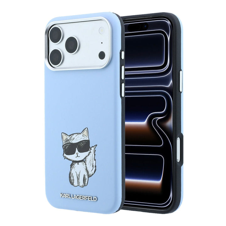 Lichtblauw Karl Lagerfeld telefoonhoesje met figuur van Choupette, voor- en achterkant op een telefoon