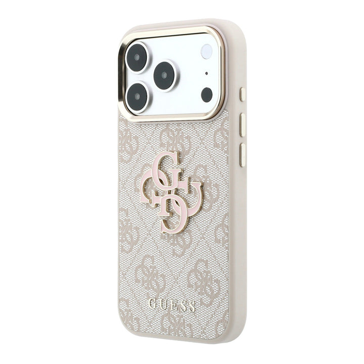 Lichtgekleurd Guess telefoonhoesje met 4G-patroon en groot 4G-logo, schuin van achteren