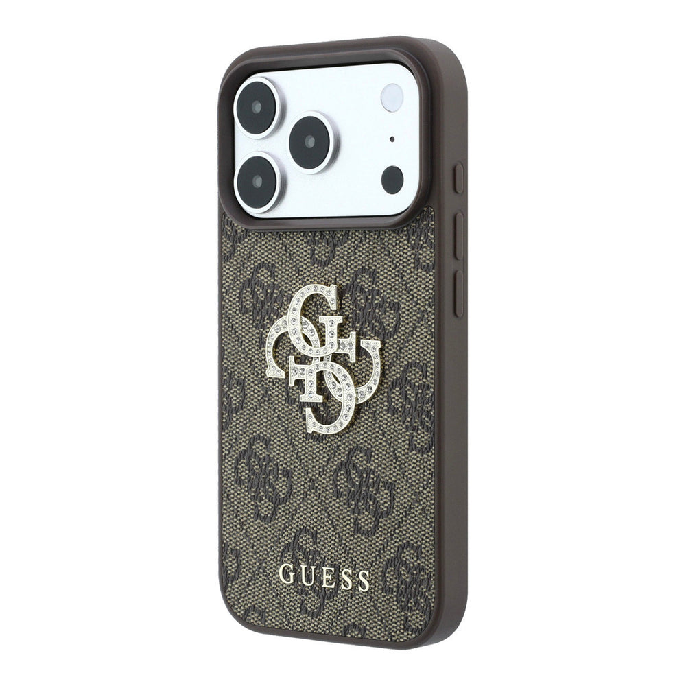 Bruin Guess telefoonhoesje met 4G-patroon en groot strasslogo, schuin van achteren