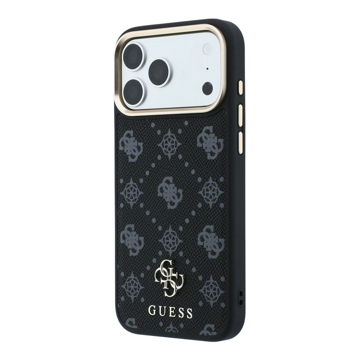 Zwart Guess telefoonhoesje met bloemenpatroon en klein 4G-logo, schuin van achteren
