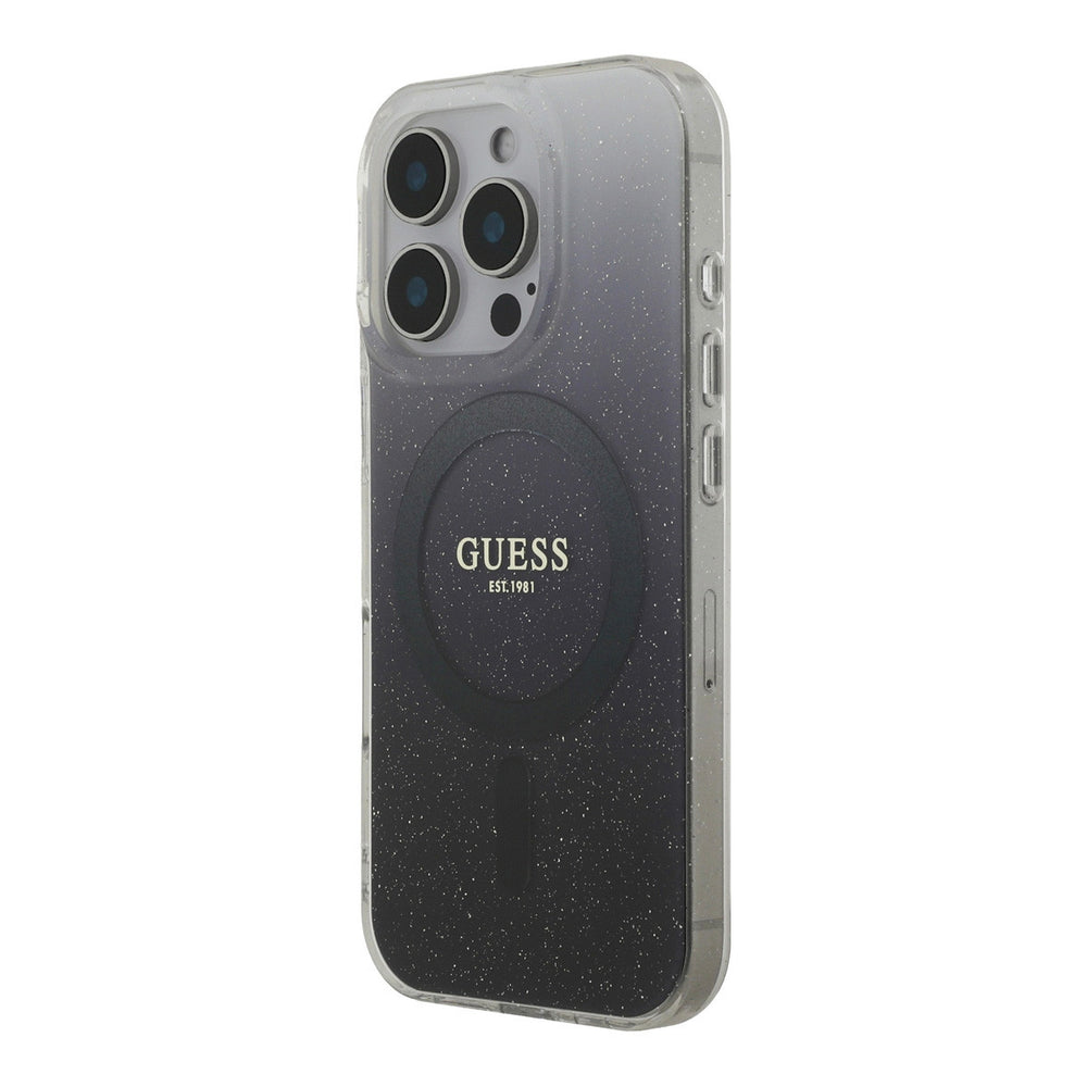 Guess telefoonhoesje met grijs-zwart kleurverloop, glitters en ring, schuin van achteren