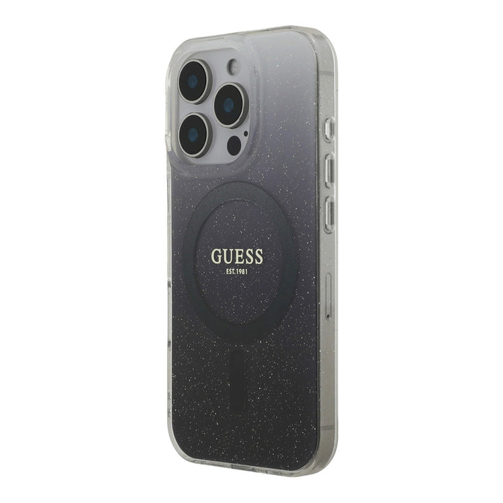 Guess telefoonhoesje met grijs-zwart kleurverloop, glitters en ring, schuin van achteren