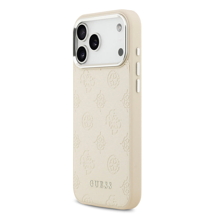 Beige Guess telefoonhoesje met bloemenpatroon en klassiek logo, schuin van achteren