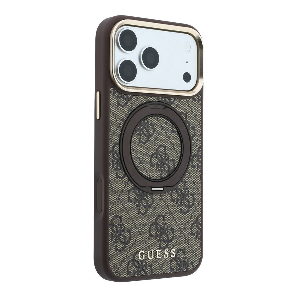 Bruin Guess telefoonhoesje met 4G-patroon met ingeklapte ringstandaard, schuin van achteren