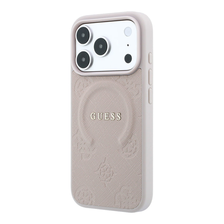Lichtgekleurd Guess telefoonhoesje met ingedrukt ringpatroon en schriftlogo, schuin van achteren