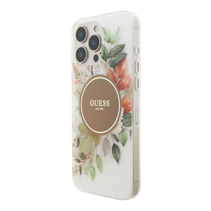 Guess telefoonhoesje met bloemen en bruin rond logo, schuin van achteren