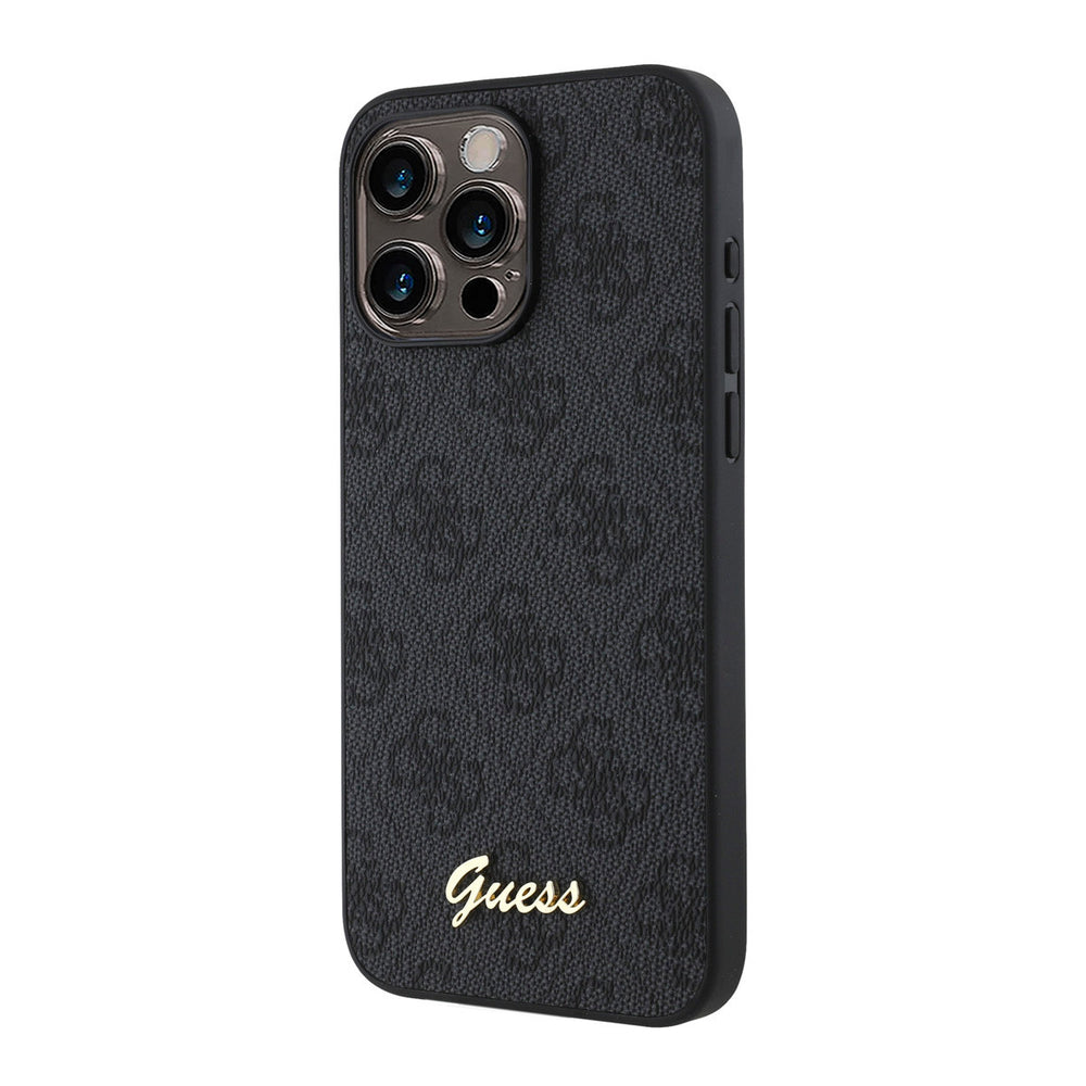 Zwart Guess telefoonhoesje met 4G-patroon en goudkleurig schriftlogo, schuin van achteren
