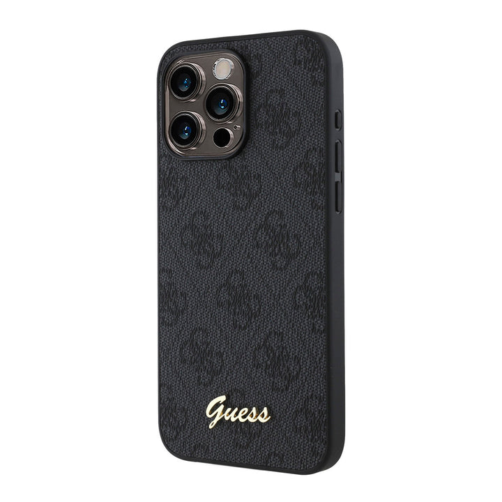 Zwart Guess telefoonhoesje met 4G-patroon en goudkleurig schriftlogo, schuin van achteren