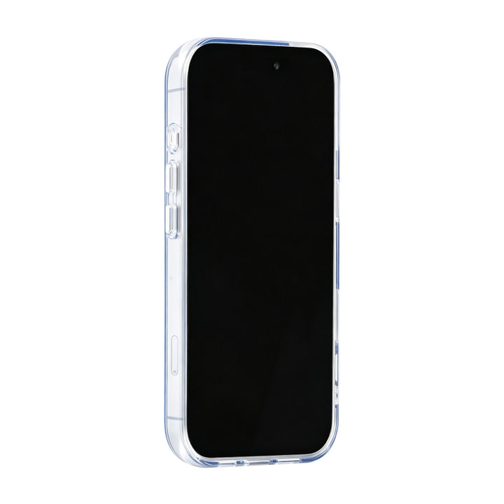 Blauw TUNIQ telefoonhoesje, van voren op een telefoon