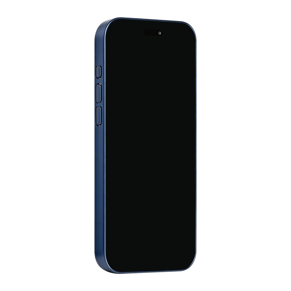 Blauw TUNIQ telefoonhoesje, van voren op een telefoon