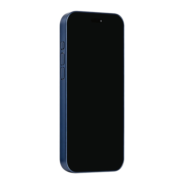 Blauw TUNIQ telefoonhoesje, van voren op een telefoon