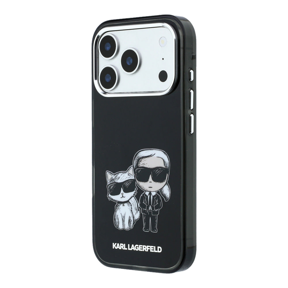 Zwart Karl Lagerfeld telefoonhoesje met figuren van Karl en Choupette, schuin van achteren