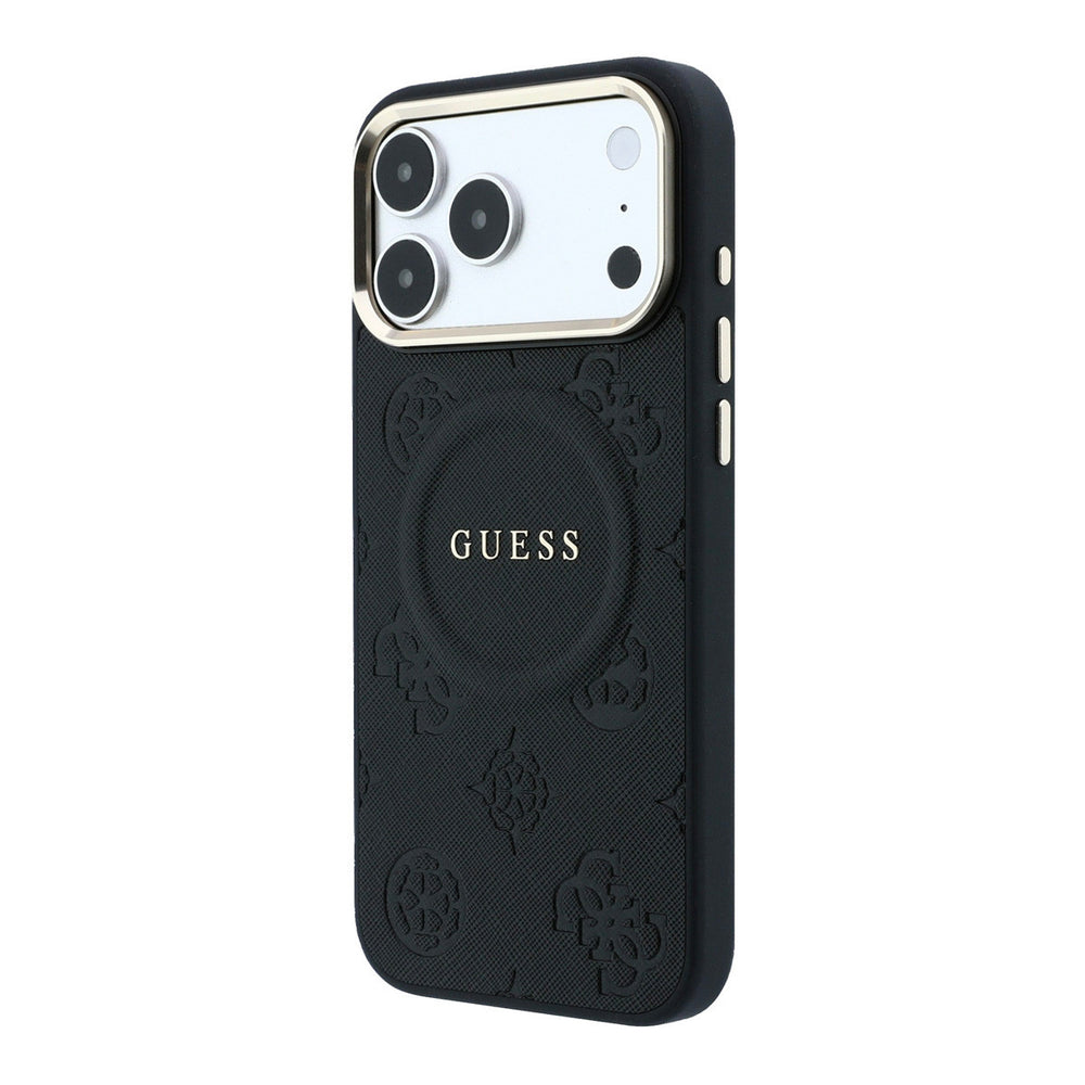 Zwart Guess telefoonhoesje met bloemenpatroon en rond logo, schuin van achteren