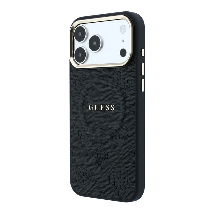 Zwart Guess telefoonhoesje met bloemenpatroon en rond logo, schuin van achteren
