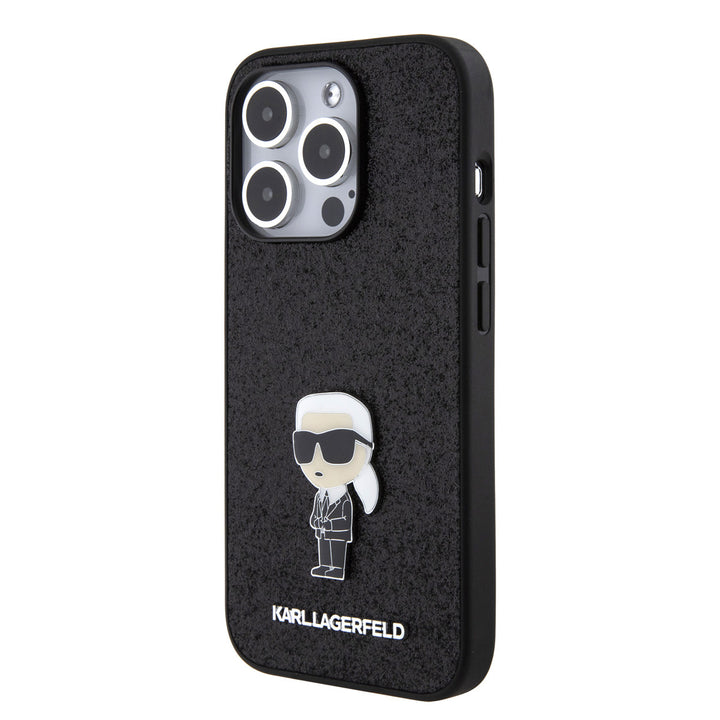 Zwart Karl Lagerfeld telefoonhoesje met glitters en kleine Karl-figuur, schuin van achteren