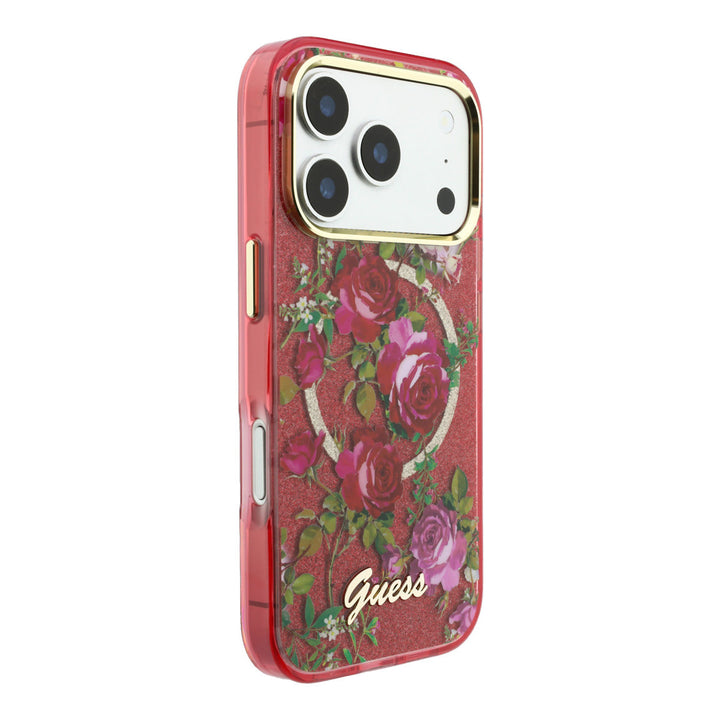 Rood Guess telefoonhoesje met rozenprint, glitters, ring en schriftlogo, schuin van achteren