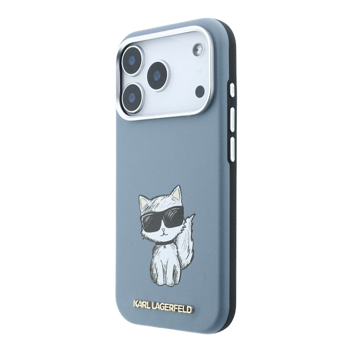 Blauw Karl Lagerfeld telefoonhoesje met Choupette-kat, schuin van achteren
