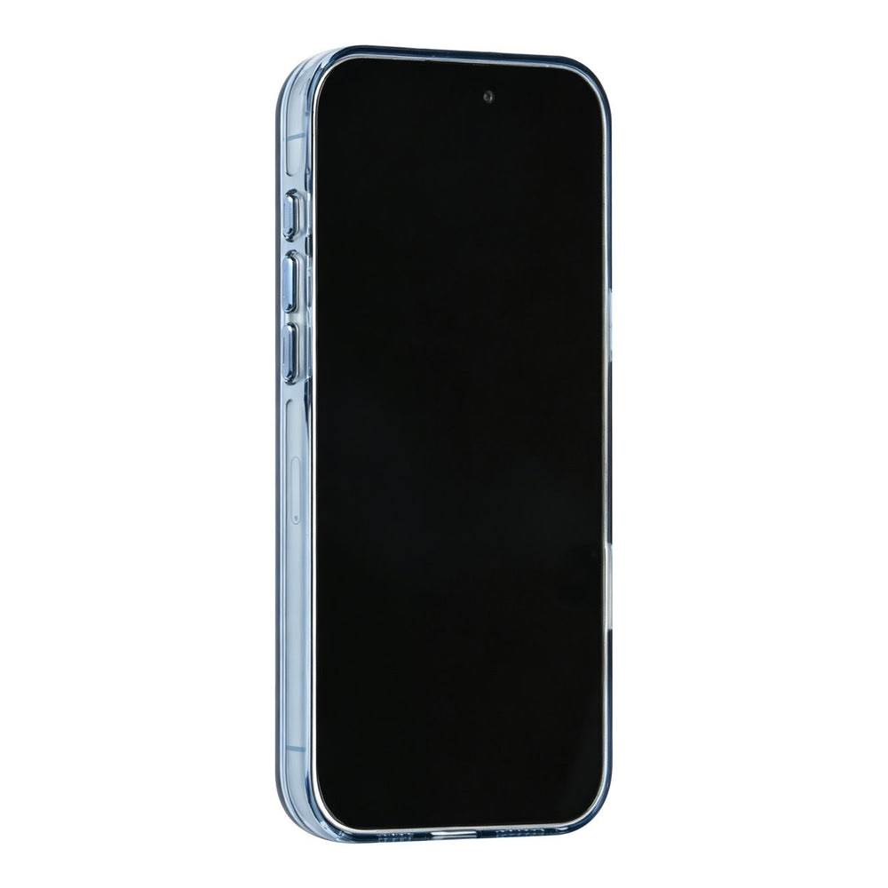 Blauw TUNIQ telefoonhoesje, van voren op een telefoon