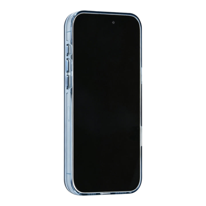 Blauw TUNIQ telefoonhoesje, van voren op een telefoon