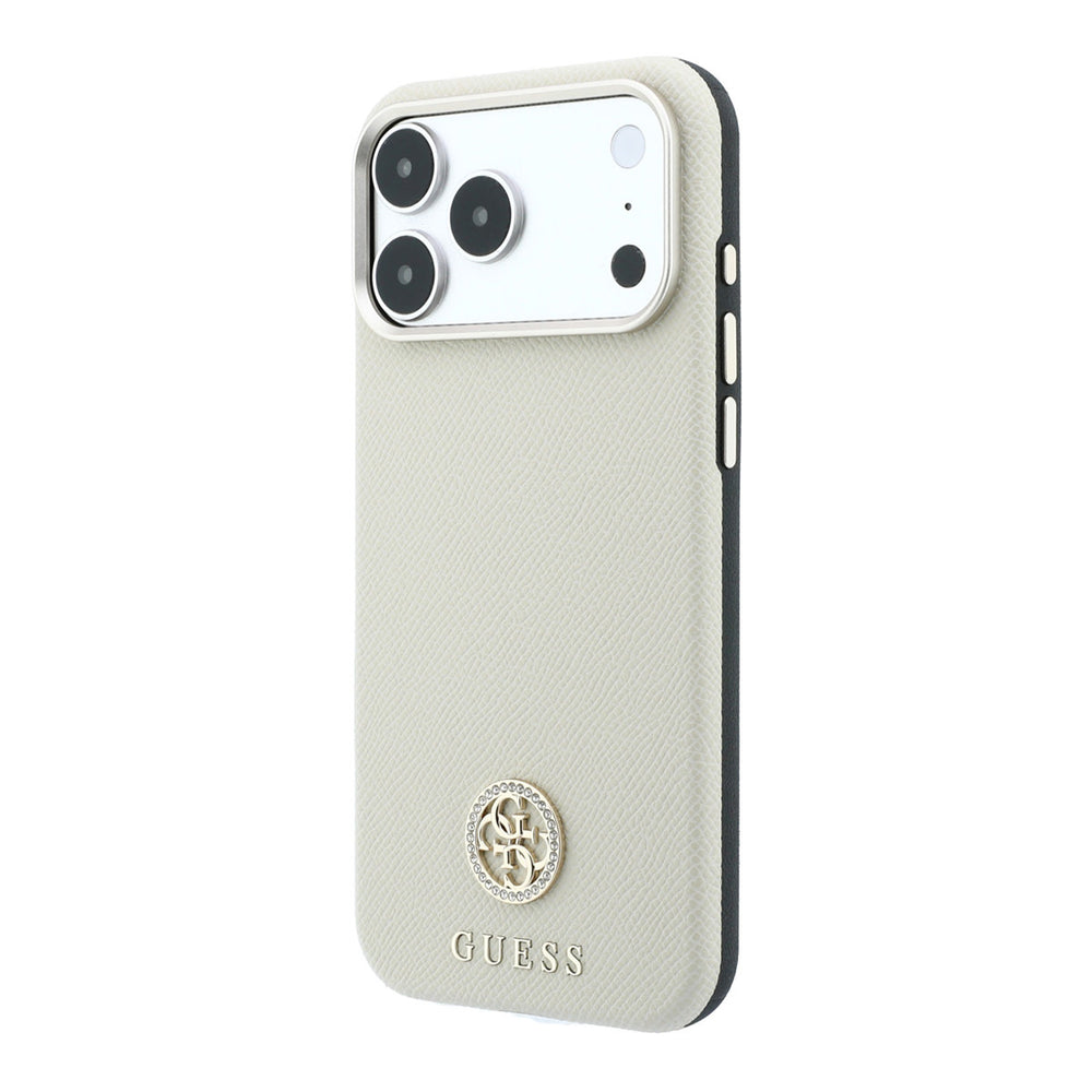 Beige Guess telefoonhoesje met rond strasslogo, schuin van achteren