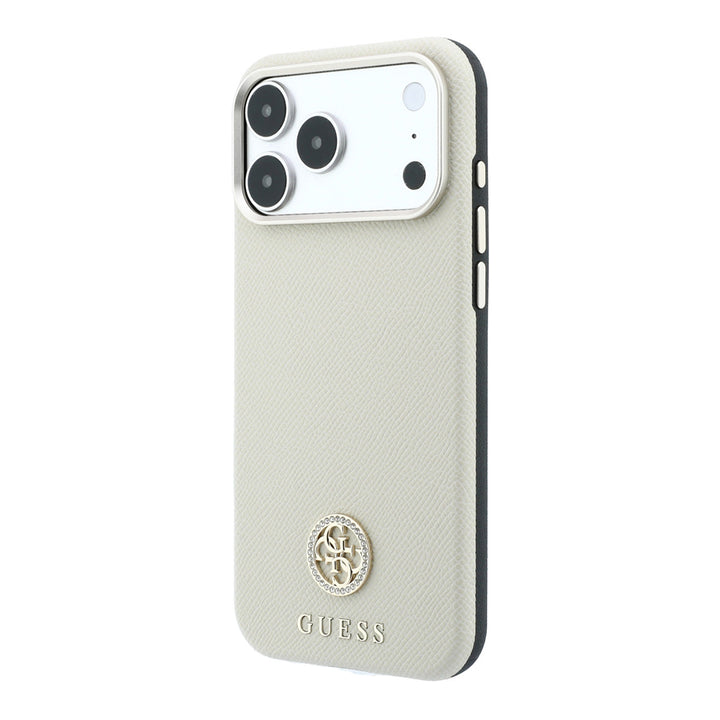 Beige Guess telefoonhoesje met rond strasslogo, schuin van achteren
