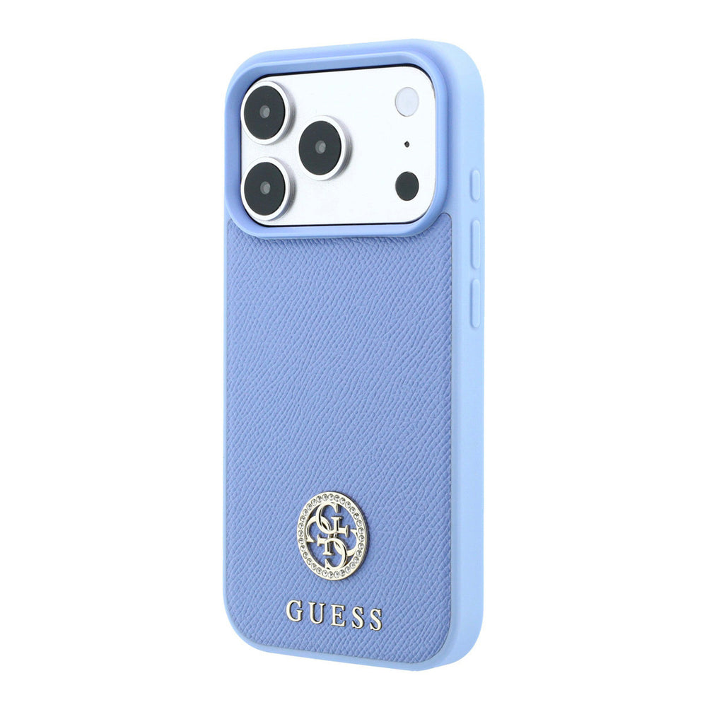 Lichtblauw Guess telefoonhoesje met rond logo, schuin van achteren