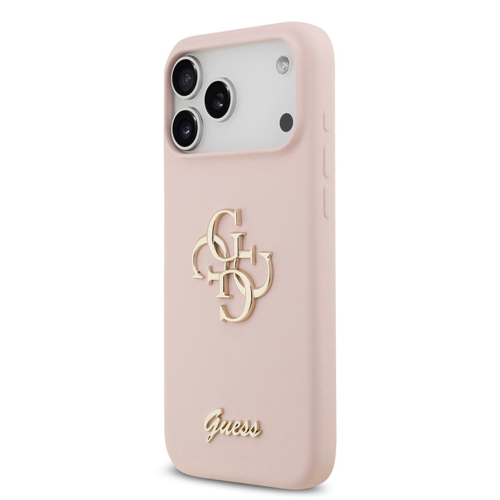 Roze Guess telefoonhoesje met groot 4G-logo en goudkleurig schriftlogo, schuin van achteren