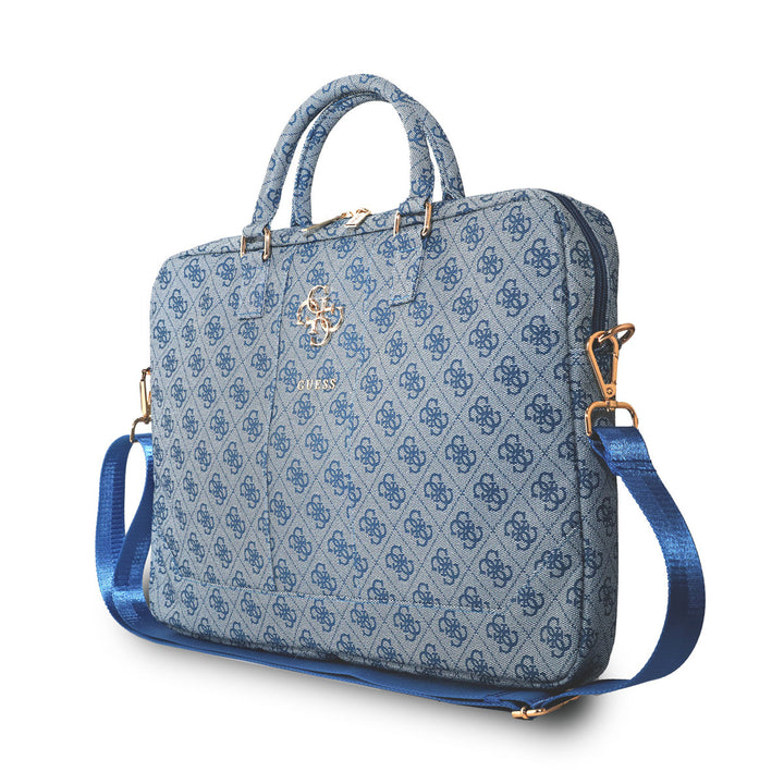 Blauwe Guess laptoptas met 4G-patroon, schuin van voren