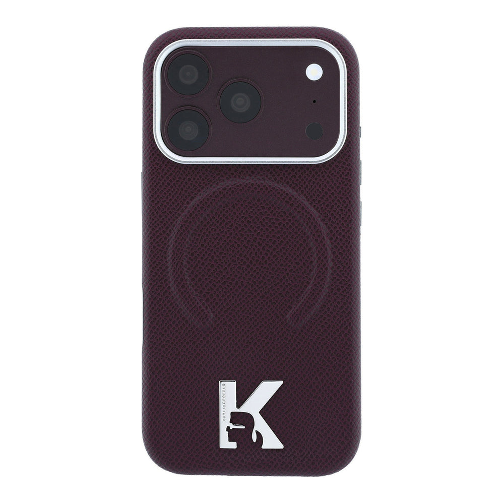 Bordeauxkleurig Karl Lagerfeld telefoonhoesje met ingedrukt ringpatroon en K-logo, van achteren