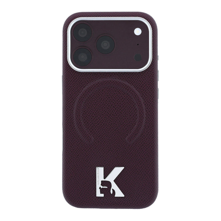Bordeauxkleurig Karl Lagerfeld telefoonhoesje met ingedrukt ringpatroon en K-logo, van achteren