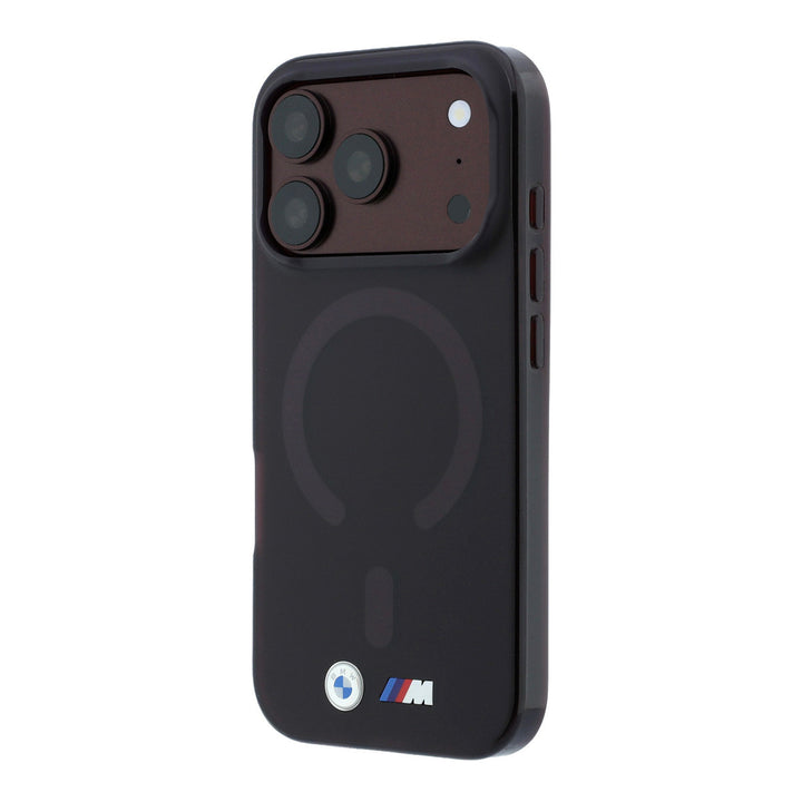 Zwart BMW telefoonhoesje met ringmarkering en M-logo, schuin van achteren