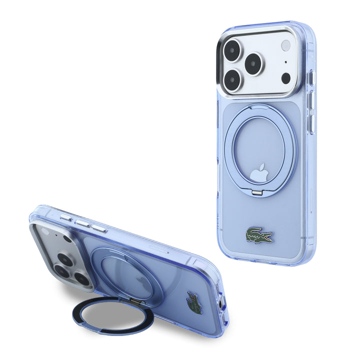 Blauw Lacoste telefoonhoesje met ringstandaard als horizontale en verticale telefoonsteun