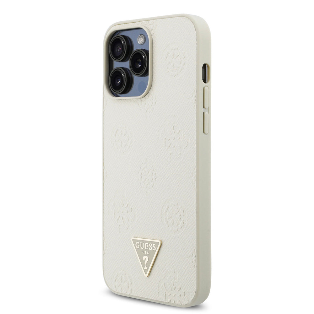 Beige Guess telefoonhoesje met bloemenpatroon en driehoekslogo, schuin van achteren