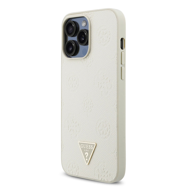 Beige Guess telefoonhoesje met bloemenpatroon en driehoekslogo, schuin van achteren