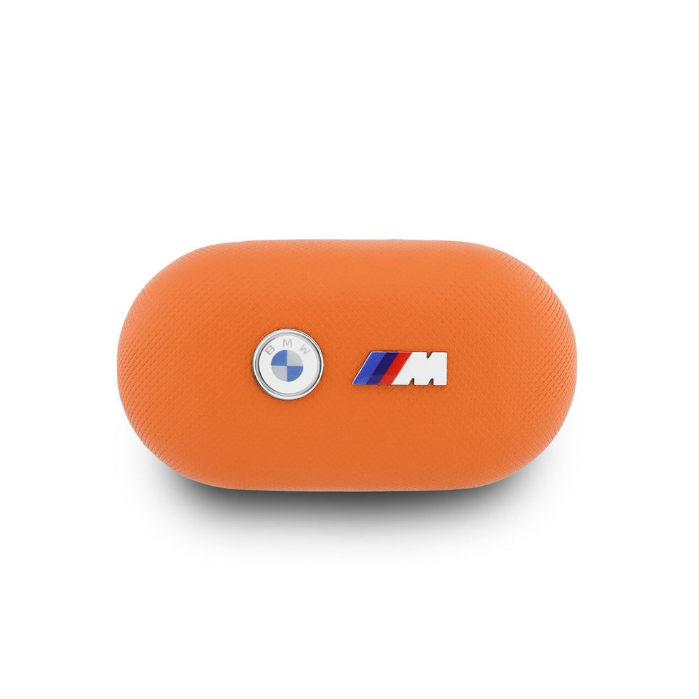 Bovenkant van oranje BMW oplaadcase met logo