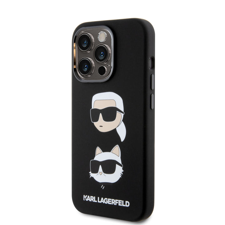 Zwart Karl Lagerfeld telefoonhoesje met hoofden van Karl en Choupette, schuin van achteren