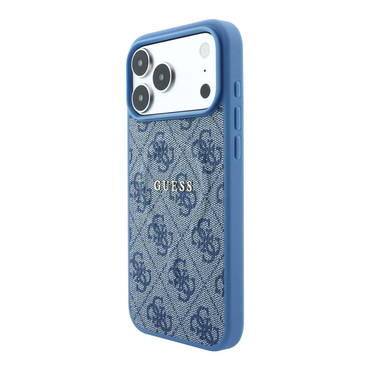 Blauw Guess telefoonhoesje met 4G-patroon en schriftlogo, schuin van achteren