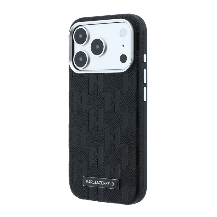 Zwart Karl Lagerfeld telefoonhoesje met monogram en logoplaatje, schuin van achteren