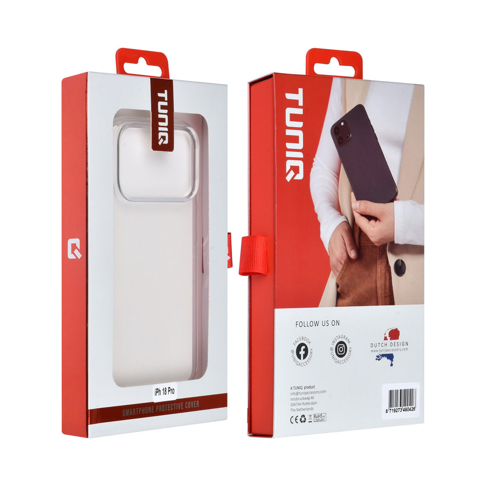 Voor- en achterkant van verpakking van transparant TUNIQ telefoonhoesje