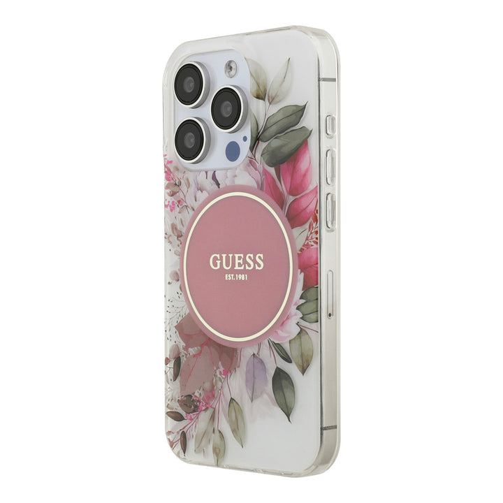 Guess telefoonhoesje met bloemen en roze rond logo, schuin van achteren
