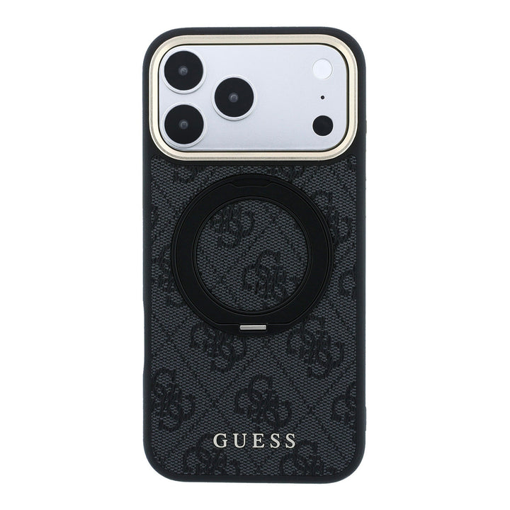 Zwart Guess telefoonhoesje met 4G-patroon en ingeklapte ringstandaard, van achteren