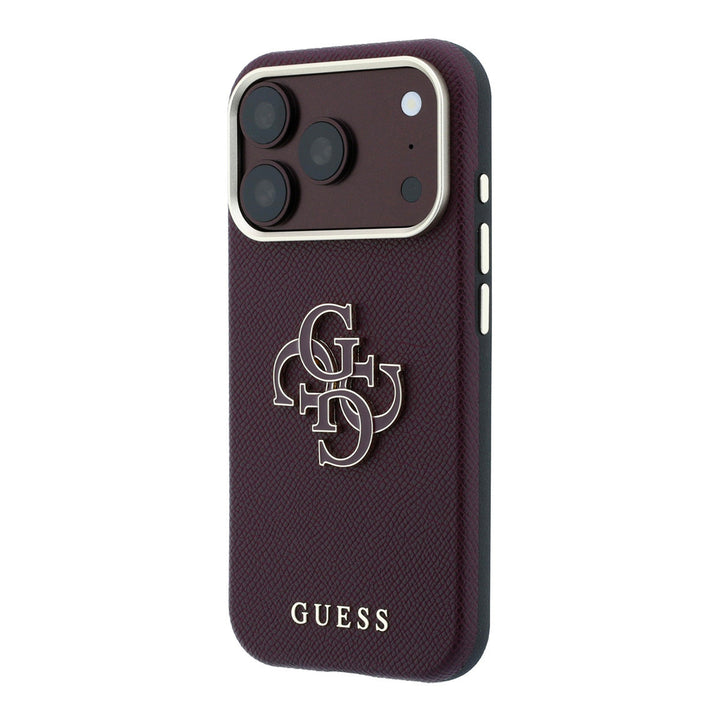 Bordeauxkleurig Guess telefoonhoesje met groot 4G-logo, schuin van achteren