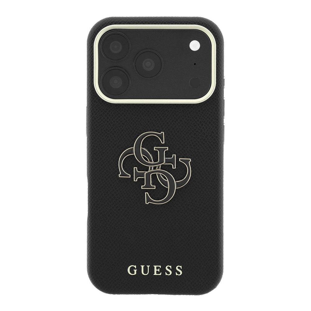 Zwart Guess telefoonhoesje met groot 4G-logo, schuin van achteren