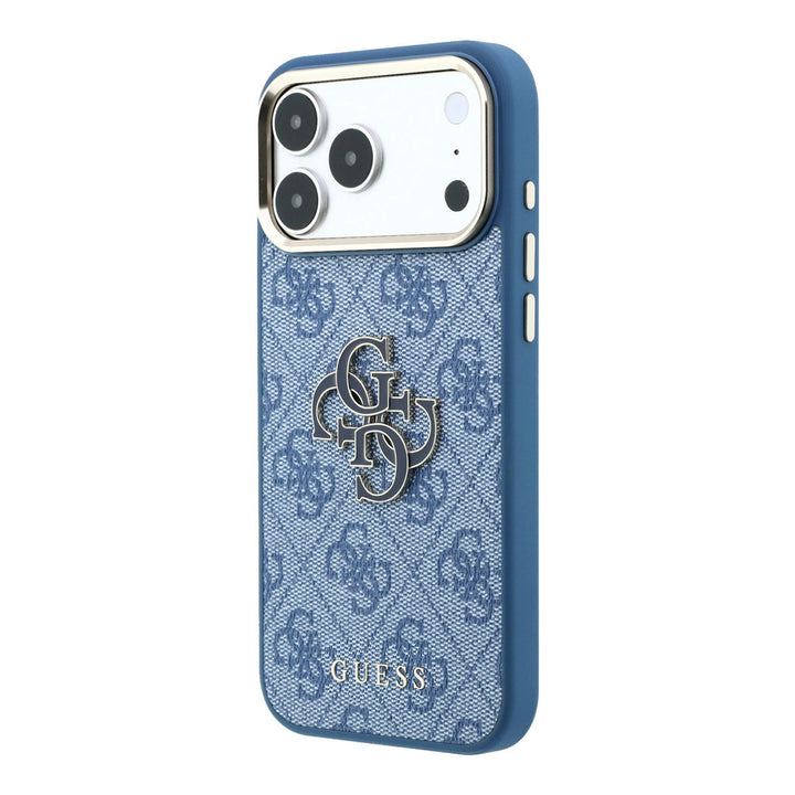 Blauw Guess telefoonhoesje met 4G-patroon en groot 4G-logo, schuin van achteren
