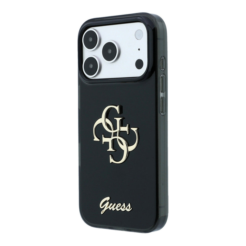 Zwart Guess telefoonhoesje met groot 4G-logo en goudkleurig schriftlogo, schuin van achteren