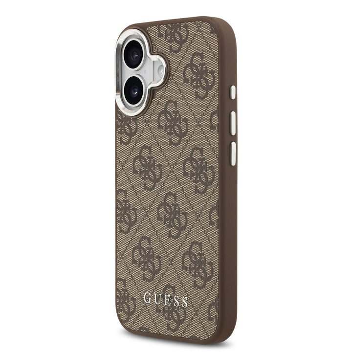 Bruin Guess telefoonhoesje met 4G-patroon en klassiek logo, schuin van achteren