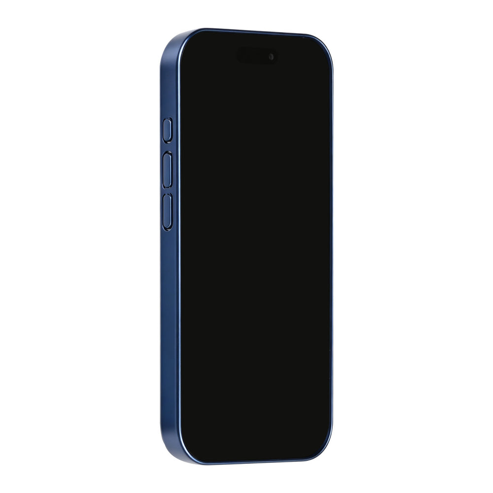 Blauw TUNIQ telefoonhoesje, van voren op een telefoon